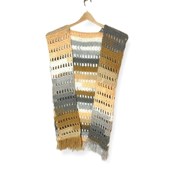 Vintage Jackets & Blazers - Boho Hand Crocheted Long Open Vest with Fringe in Autumnal Colors
